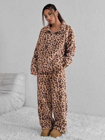 2pcs Women Leopard Print Fuzzy Long Sleeve Shirt And Long Pants Set 2pcs Women Leopard Print Fuzzy Long Sleeve Shirt And Long Pants Set