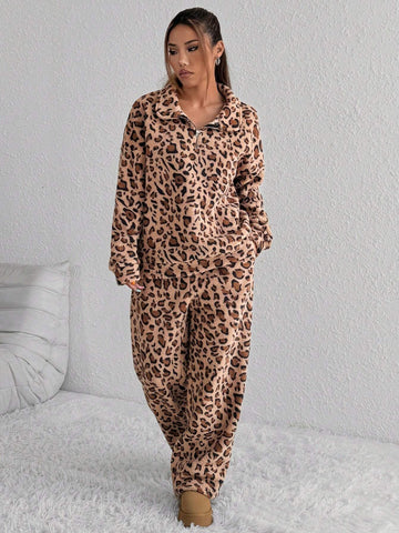 2pcs Women Leopard Print Fuzzy Long Sleeve Shirt And Long Pants Set 2pcs Women Leopard Print Fuzzy Long Sleeve Shirt And Long Pants Set