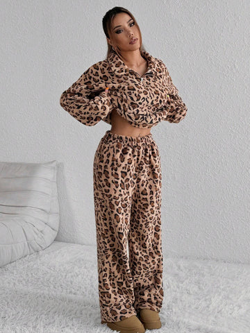 2pcs Women Leopard Print Fuzzy Long Sleeve Shirt And Long Pants Set 2pcs Women Leopard Print Fuzzy Long Sleeve Shirt And Long Pants Set