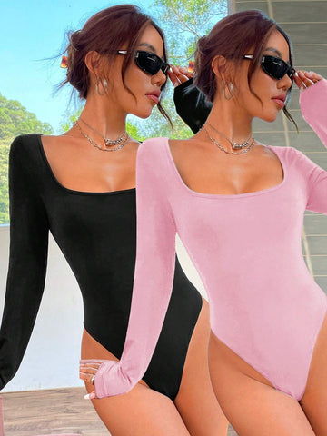 2pcs Women Square Neck Long Sleeve Bodysuit Sets 2pcs Women Square Neck Long Sleeve Bodysuit Sets