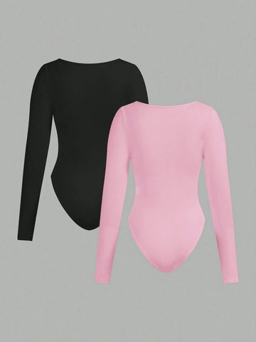 2pcs Women Square Neck Long Sleeve Bodysuit Sets 2pcs Women Square Neck Long Sleeve Bodysuit Sets