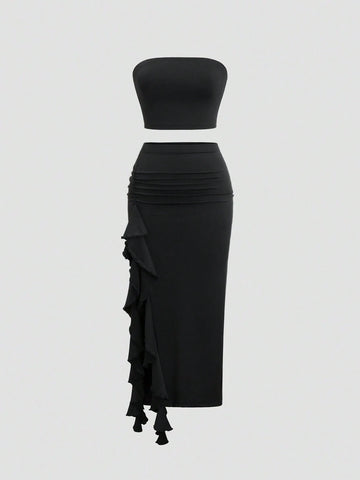 2pcs Women Summer Solid Color Bandeau Top And Ruffle Hem Split Pencil Skirt Set 2pcs Women Summer Solid Color Bandeau Top And Ruffle Hem Split Pencil Skirt Set