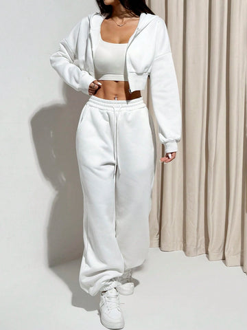 2pcs Women's Casual Solid Color Hoodie & Sweatpants Set, Autumn/Winter 2pcs Women's Casual Solid Color Hoodie & Sweatpants Set, Autumn/Winter