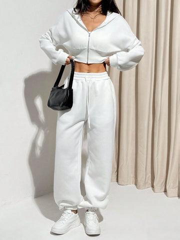 2pcs Women's Casual Solid Color Hoodie & Sweatpants Set, Autumn/Winter 2pcs Women's Casual Solid Color Hoodie & Sweatpants Set, Autumn/Winter