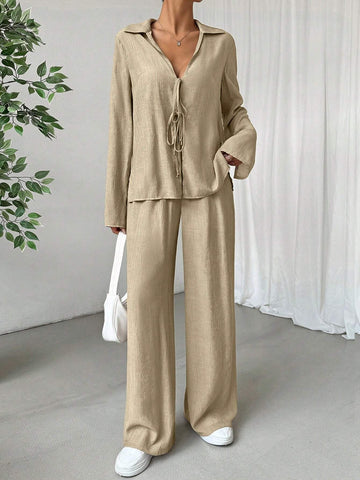 2pcs Women's Solid Color Front Tie Long Sleeve Casual Top And Pants Set 2pcs Women's Solid Color Front Tie Long Sleeve Casual Top And Pants Set