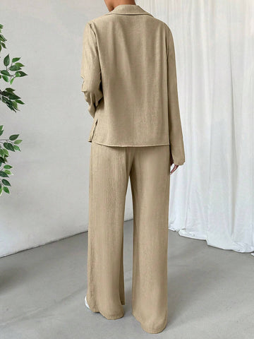 2pcs Women's Solid Color Front Tie Long Sleeve Casual Top And Pants Set 2pcs Women's Solid Color Front Tie Long Sleeve Casual Top And Pants Set