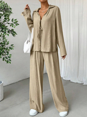 2pcs Women's Solid Color Front Tie Long Sleeve Casual Top And Pants Set 2pcs Women's Solid Color Front Tie Long Sleeve Casual Top And Pants Set