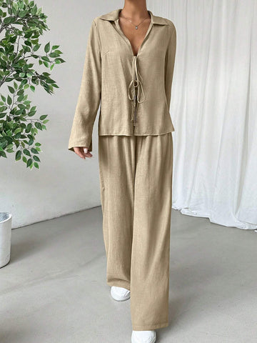 2pcs Women's Solid Color Front Tie Long Sleeve Casual Top And Pants Set 2pcs Women's Solid Color Front Tie Long Sleeve Casual Top And Pants Set