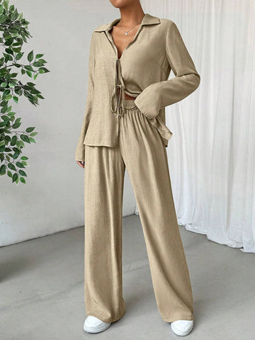 2pcs Women's Solid Color Front Tie Long Sleeve Casual Top And Pants Set 2pcs Women's Solid Color Front Tie Long Sleeve Casual Top And Pants Set