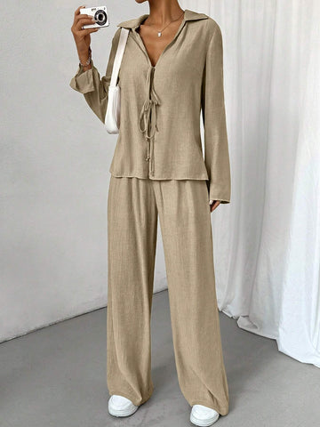 2pcs Women's Solid Color Front Tie Long Sleeve Casual Top And Pants Set 2pcs Women's Solid Color Front Tie Long Sleeve Casual Top And Pants Set