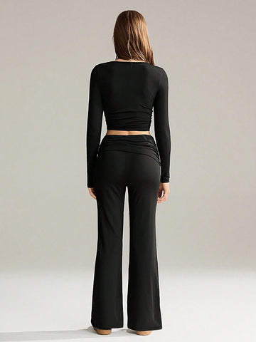2pcs Women's Solid Color Simple Daily Long Sleeve Top And Pants Set 2pcs Women's Solid Color Simple Daily Long Sleeve Top And Pants Set