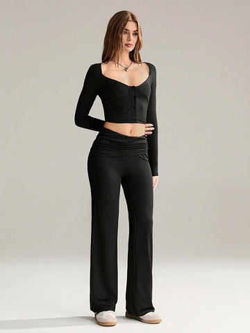 2pcs Women's Solid Color Simple Daily Long Sleeve Top And Pants Set 2pcs Women's Solid Color Simple Daily Long Sleeve Top And Pants Set