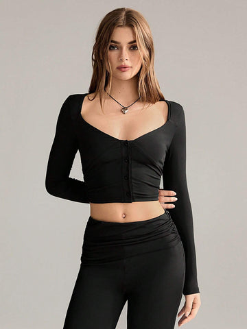 2pcs Women's Solid Color Simple Daily Long Sleeve Top And Pants Set 2pcs Women's Solid Color Simple Daily Long Sleeve Top And Pants Set