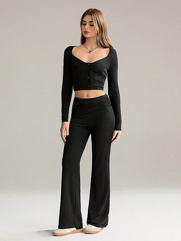 2pcs Women's Solid Color Simple Daily Long Sleeve Top And Pants Set 2pcs Women's Solid Color Simple Daily Long Sleeve Top And Pants Set