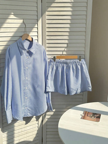 2pcs Women's Striped Long Sleeve Shirt & Shorts Set 2pcs Women's Striped Long Sleeve Shirt & Shorts Set