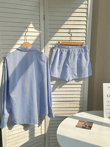 2pcs Women's Striped Long Sleeve Shirt & Shorts Set 2pcs Women's Striped Long Sleeve Shirt & Shorts Set