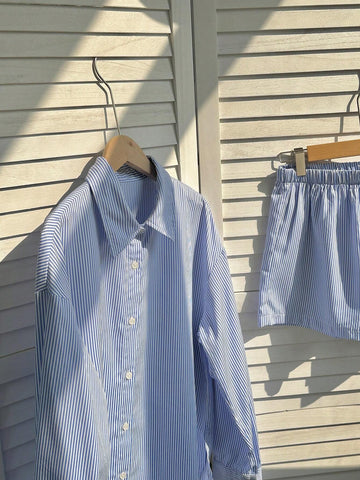 2pcs Women's Striped Long Sleeve Shirt & Shorts Set 2pcs Women's Striped Long Sleeve Shirt & Shorts Set