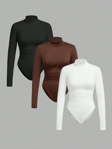 3pcs/Set Knit Women Crew Neck Fitted Bodysuit, Multi-Color 3pcs/Set Knit Women Crew Neck Fitted Bodysuit, Multi-Color