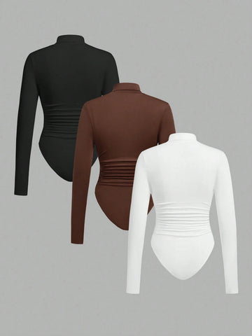 3pcs/Set Knit Women Crew Neck Fitted Bodysuit, Multi-Color 3pcs/Set Knit Women Crew Neck Fitted Bodysuit, Multi-Color