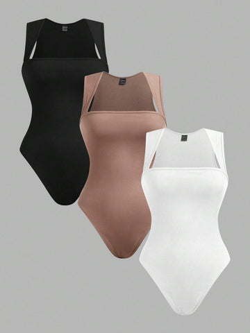 3pcs/Set Women New Solid Color Crew Neck Sleeveless Bodysuit 3pcs/Set Women New Solid Color Crew Neck Sleeveless Bodysuit