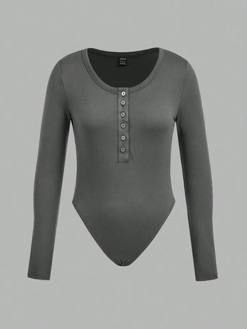 3pcs/Set Women Solid Color Knit Button Half Open Front Long Sleeve Casual Bodysuit, Autumn/Winter 3pcs/Set Women Solid Color Knit Button Half Open Front Long Sleeve Casual Bodysuit, Autumn/Winter