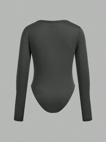 3pcs/Set Women Solid Color Knit Button Half Open Front Long Sleeve Casual Bodysuit, Autumn/Winter 3pcs/Set Women Solid Color Knit Button Half Open Front Long Sleeve Casual Bodysuit, Autumn/Winter