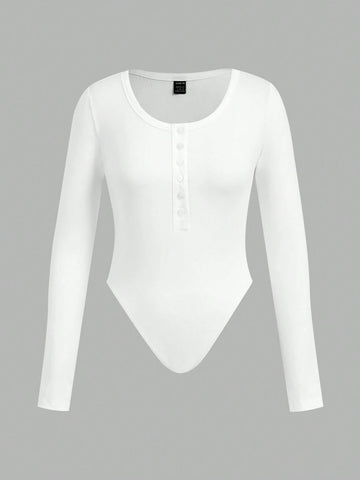 3pcs/Set Women Solid Color Knit Button Half Open Front Long Sleeve Casual Bodysuit, Autumn/Winter 3pcs/Set Women Solid Color Knit Button Half Open Front Long Sleeve Casual Bodysuit, Autumn/Winter