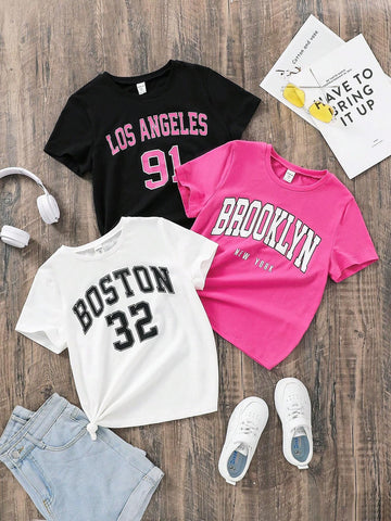 EZwear 3pcs Casual & Minimalist Short Sleeve T-Shirt Set With English Letter Print, Suitable For Summer, EZwear 3pcs Casual & Minimalist Short Sleeve T-Shirt Set With English Letter Print, Suitable For Summer,
