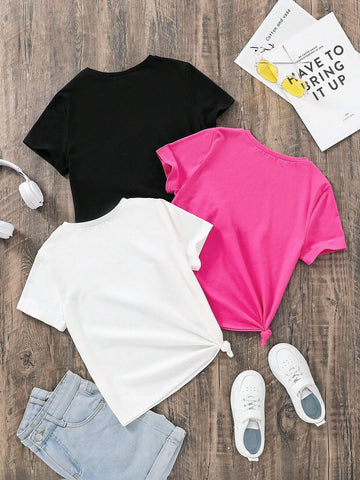 EZwear 3pcs Casual & Minimalist Short Sleeve T-Shirt Set With English Letter Print, Suitable For Summer, EZwear 3pcs Casual & Minimalist Short Sleeve T-Shirt Set With English Letter Print, Suitable For Summer,