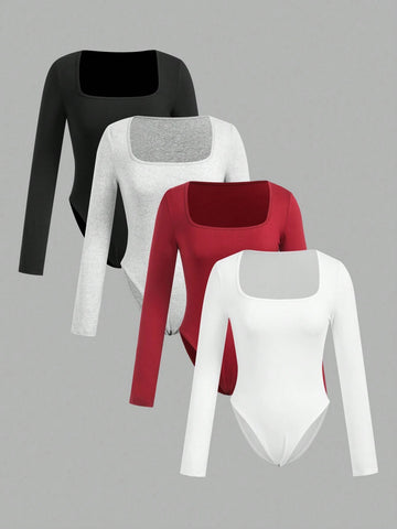 4pcs/Set Casual Minimalist Solid Color Long Sleeve Bodysuit 4pcs/Set Casual Minimalist Solid Color Long Sleeve Bodysuit