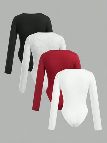 4pcs/Set Casual Minimalist Solid Color Long Sleeve Bodysuit 4pcs/Set Casual Minimalist Solid Color Long Sleeve Bodysuit