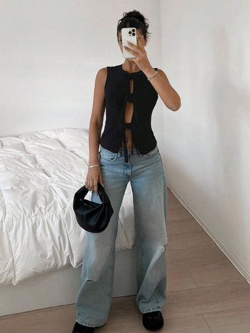 Black Hot Girls Sexy Bandage Crop Tops Sleeveless Slim Hollow Out Tank Top Black Hot Girls Sexy Bandage Crop Tops Sleeveless Slim Hollow Out Tank Top