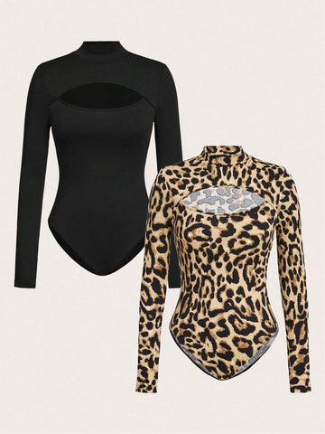 Black Leopard Print Hollow Out High Neck Long Sleeve Top And Bodysuit 2pcs Set For Women, Suitable For Fall/Winter Black Leopard Print Hollow Out High Neck Long Sleeve Top And Bodysuit 2pcs Set For Women, Suitable For Fall/Winter