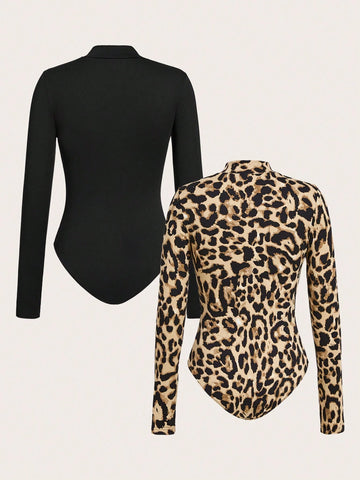 Black Leopard Print Hollow Out High Neck Long Sleeve Top And Bodysuit 2pcs Set For Women, Suitable For Fall/Winter Black Leopard Print Hollow Out High Neck Long Sleeve Top And Bodysuit 2pcs Set For Women, Suitable For Fall/Winter