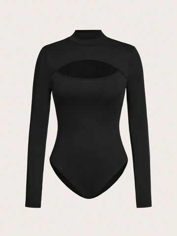 Black Leopard Print Hollow Out High Neck Long Sleeve Top And Bodysuit 2pcs Set For Women, Suitable For Fall/Winter Black Leopard Print Hollow Out High Neck Long Sleeve Top And Bodysuit 2pcs Set For Women, Suitable For Fall/Winter