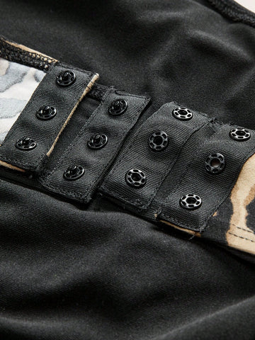 Black Leopard Print Hollow Out High Neck Long Sleeve Top And Bodysuit 2pcs Set For Women, Suitable For Fall/Winter Black Leopard Print Hollow Out High Neck Long Sleeve Top And Bodysuit 2pcs Set For Women, Suitable For Fall/Winter