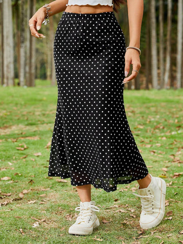EZwear Black Polka Dot Sheer Mesh High-Low Midi Skirt EZwear Black Polka Dot Sheer Mesh High-Low Midi Skirt