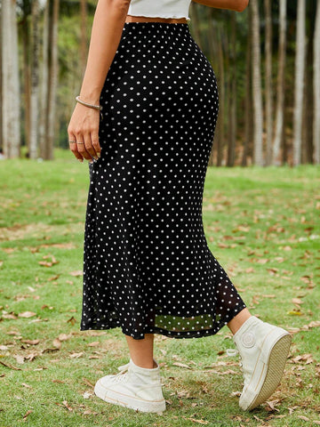 EZwear Black Polka Dot Sheer Mesh High-Low Midi Skirt EZwear Black Polka Dot Sheer Mesh High-Low Midi Skirt