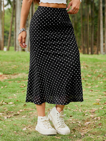 EZwear Black Polka Dot Sheer Mesh High-Low Midi Skirt EZwear Black Polka Dot Sheer Mesh High-Low Midi Skirt