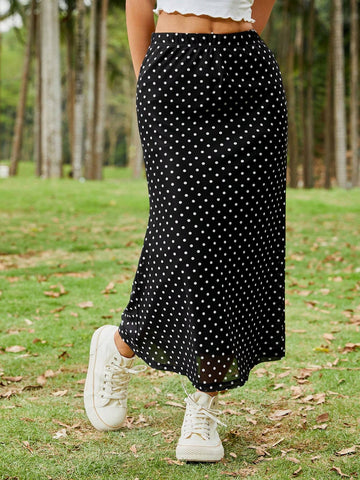 EZwear Black Polka Dot Sheer Mesh High-Low Midi Skirt EZwear Black Polka Dot Sheer Mesh High-Low Midi Skirt