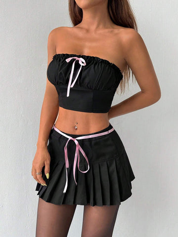 Bow Detail Decorated Pleated Strapless Top + Pleated Solid Color Skirt Set Bow Detail Decorated Pleated Strapless Top + Pleated Solid Color Skirt Set