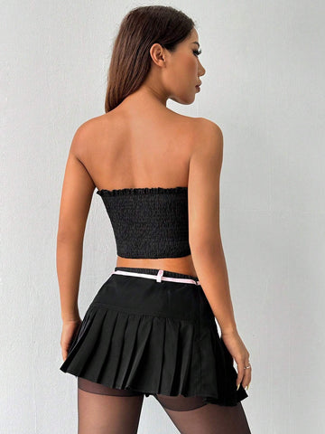 Bow Detail Decorated Pleated Strapless Top + Pleated Solid Color Skirt Set Bow Detail Decorated Pleated Strapless Top + Pleated Solid Color Skirt Set
