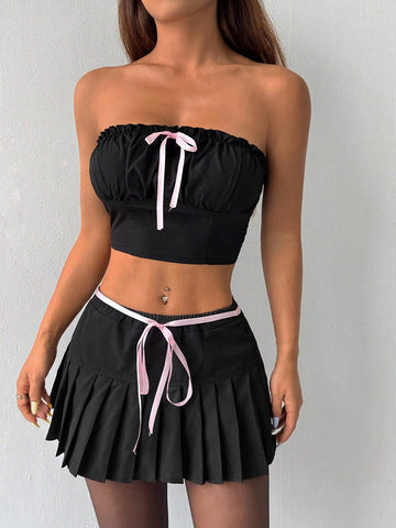 Bow Detail Decorated Pleated Strapless Top + Pleated Solid Color Skirt Set Bow Detail Decorated Pleated Strapless Top + Pleated Solid Color Skirt Set