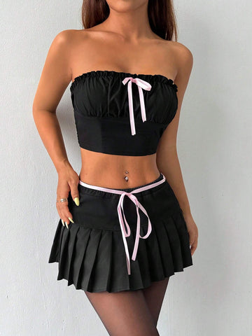 Bow Detail Decorated Pleated Strapless Top + Pleated Solid Color Skirt Set Bow Detail Decorated Pleated Strapless Top + Pleated Solid Color Skirt Set
