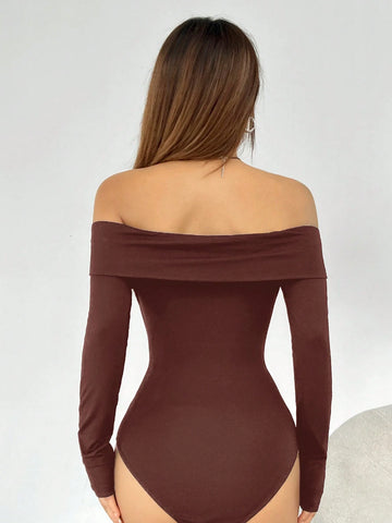 Brown Knitted Off-Shoulder Women's Bodysuit Brown Knitted Off-Shoulder Women's Bodysuit
