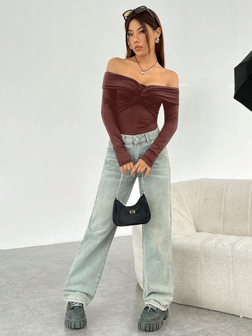 Brown Knitted Off-Shoulder Women's Bodysuit Brown Knitted Off-Shoulder Women's Bodysuit