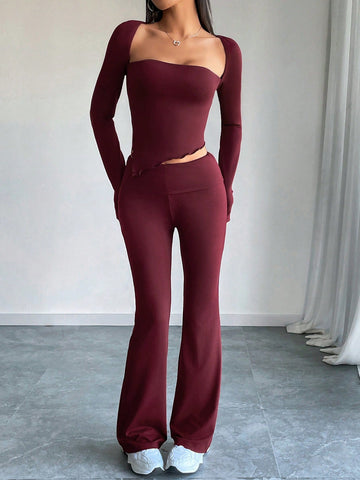 Burgundy Knit Women's Casual Sports Set Burgundy Knit Women's Casual Sports Set