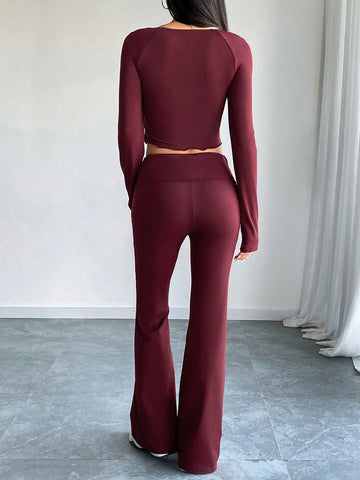 Burgundy Knit Women's Casual Sports Set Burgundy Knit Women's Casual Sports Set