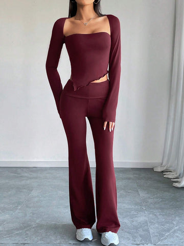 Burgundy Knit Women's Casual Sports Set Burgundy Knit Women's Casual Sports Set