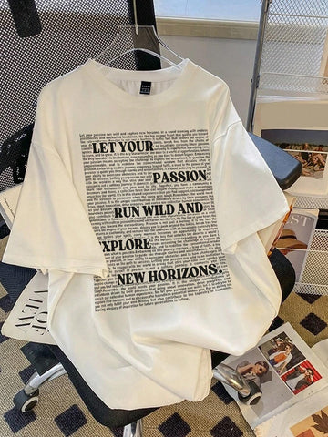 Casual Loose Fit Round Neck English Graphic Short Sleeve T-Shirt For Women, Summer Casual Loose Fit Round Neck English Graphic Short Sleeve T-Shirt For Women, Summer